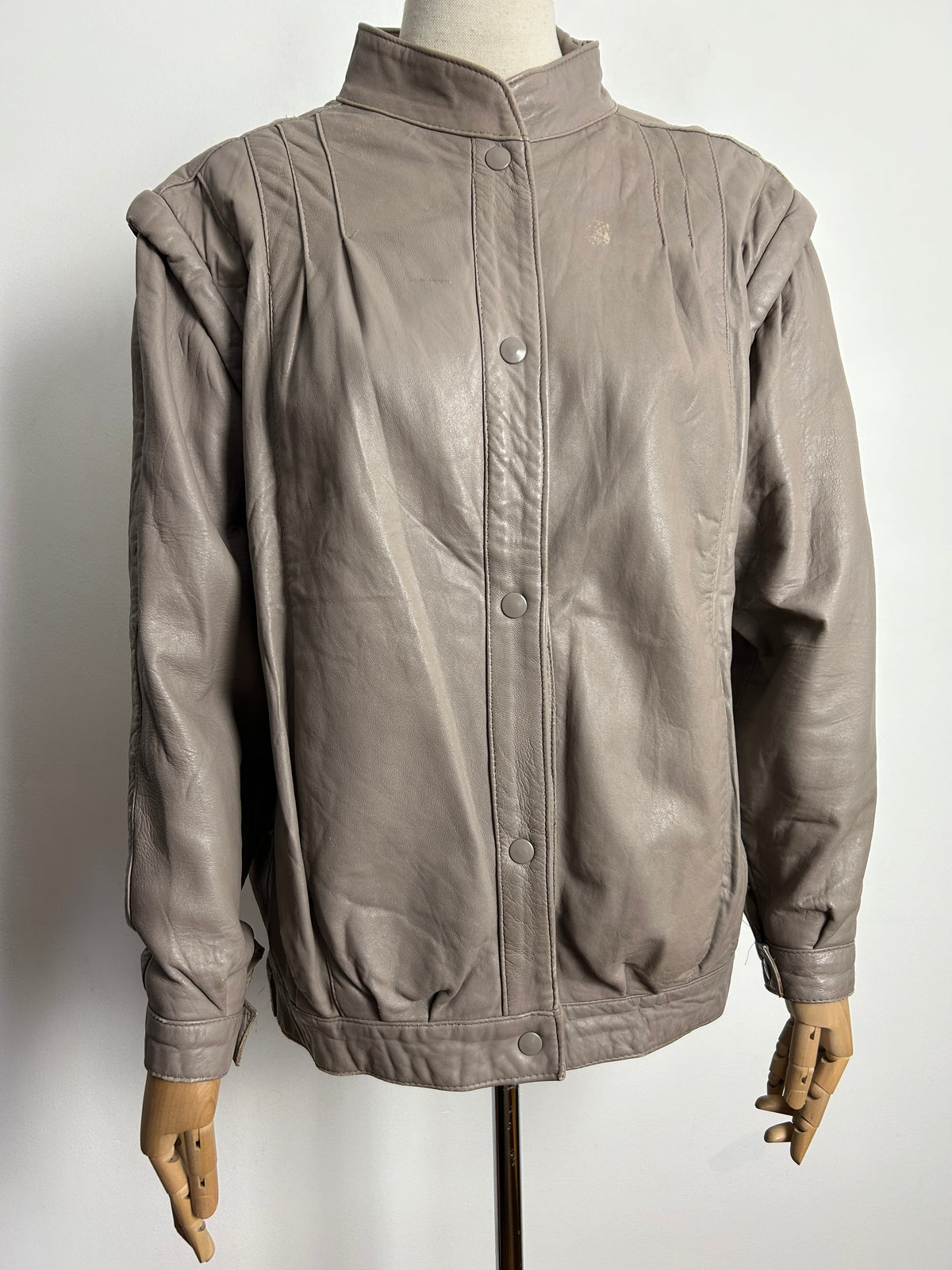 Vintage 1980s Approx UK Size 10 Taupe Popper Fastening Leather Jacket/Coat