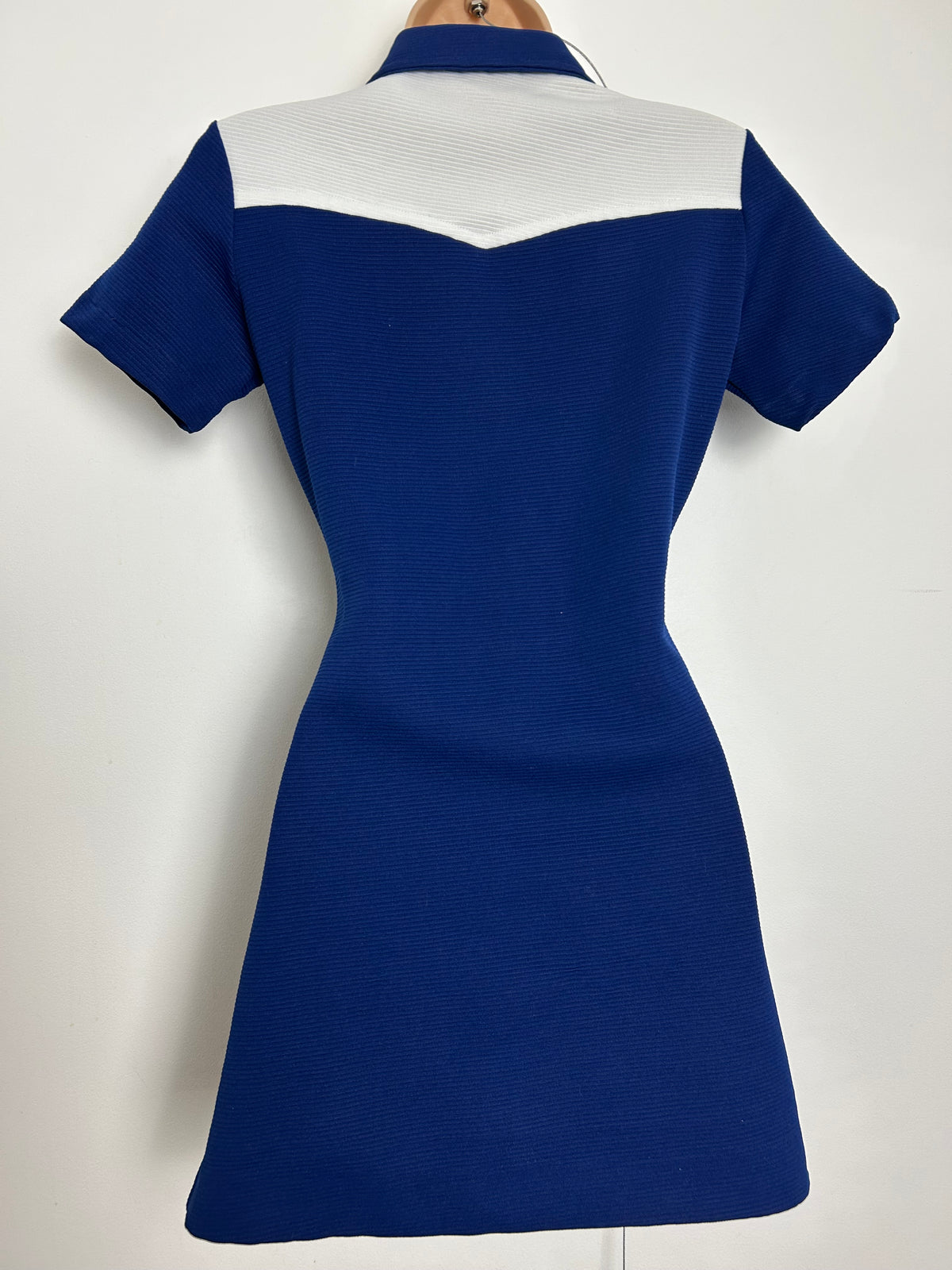 Vintage 1960s SOLTEX Size 8 Navy Blue & White Ribbed Polyester Mini Mod Dress