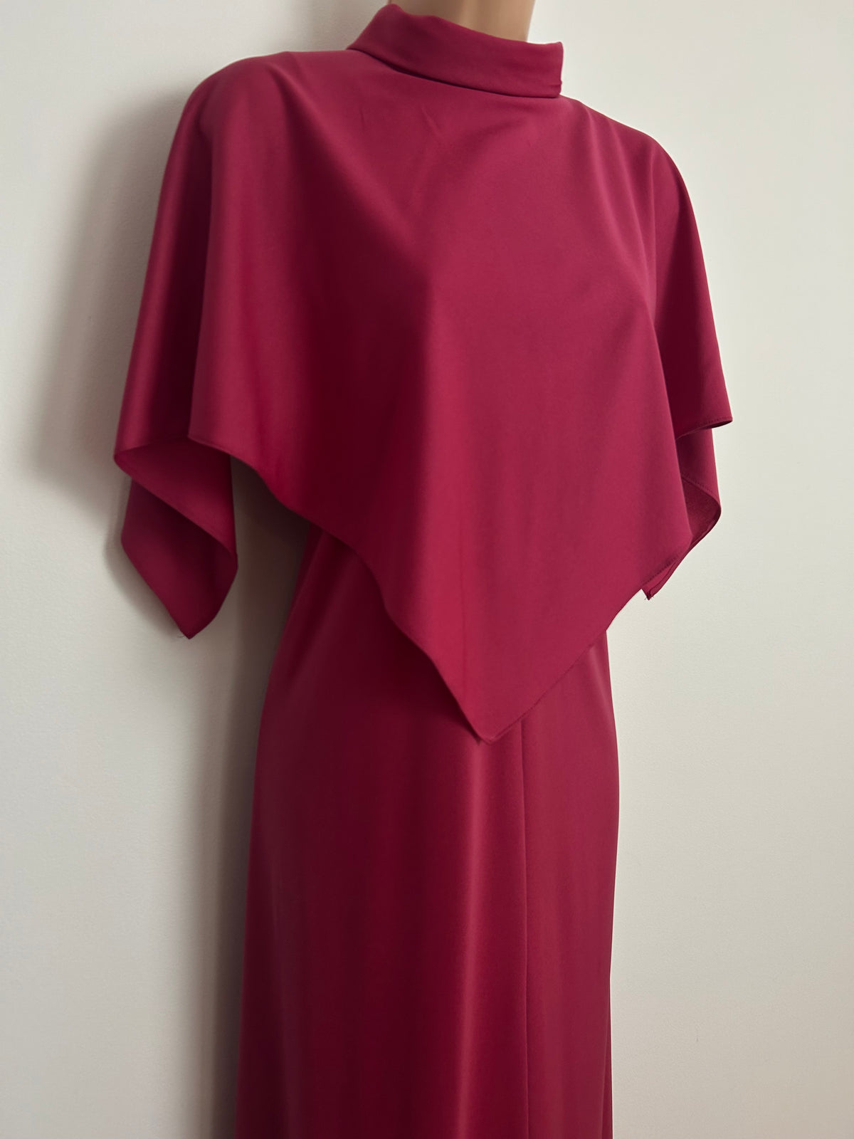 Vintage 1970s ALLDAE Size 12 Raspberry Dark Pink Cape Sleeve Double Layered Boho Maxi Dress