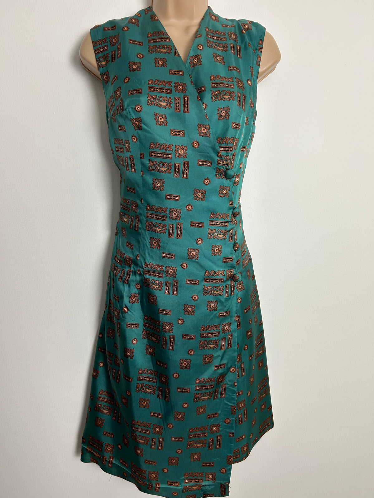 Vintage 1960s UK Size 10-12 Teal & Brown Abstract Print Silky Feel Full Wrap Dress