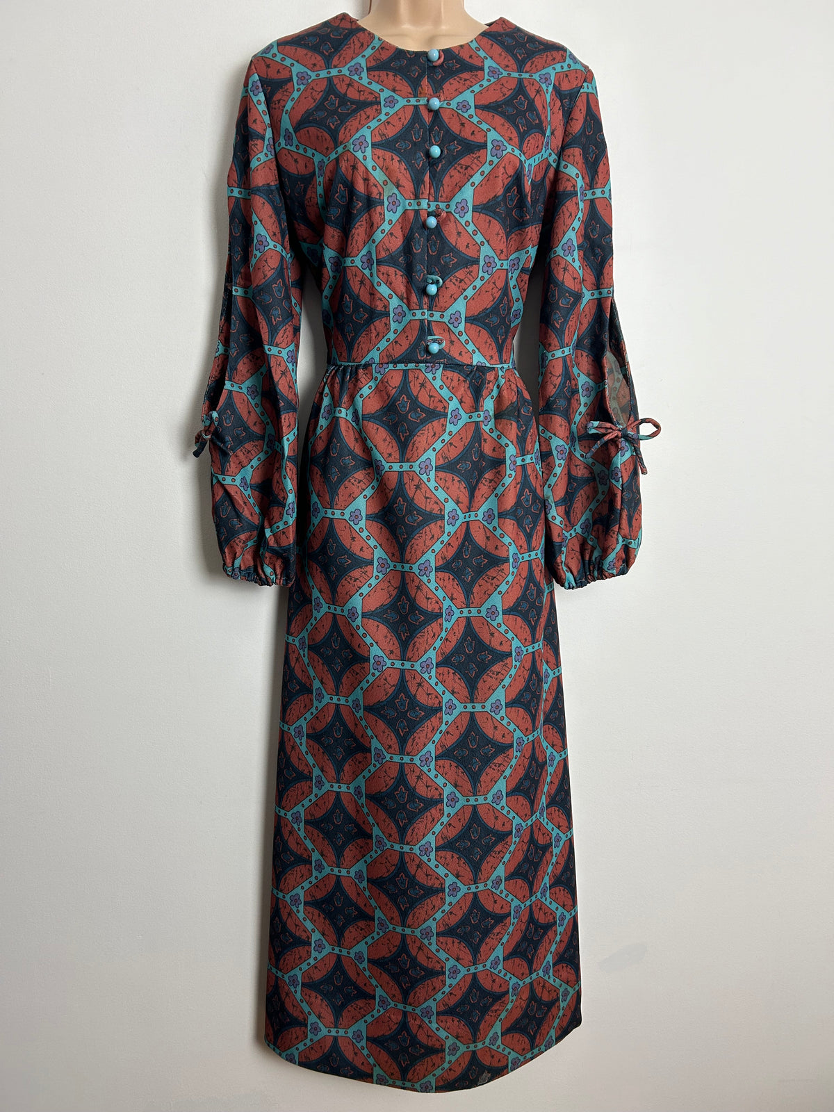 Vintage 1970s UK Size 12-14 Rust Brown Teal & Turquoise Abstract Print Long Split Sleeve Maxi Dress