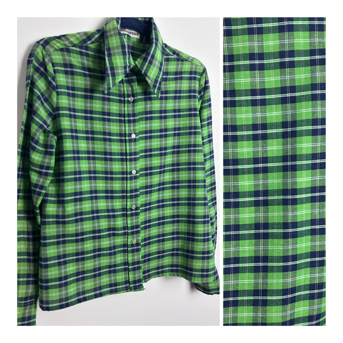 Vintage 1970s JANE VILLEPREUX Size 12-14 Green & Navy Blue Check Print Cotton Mix Long Sleeve Shirt