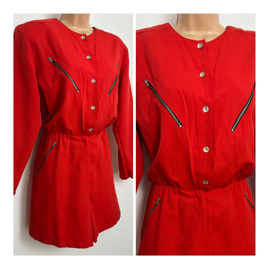 Vintage Early 1990s BELLA MINELLI Size 12-14 Red Zip Detail Long Sleeve City Shorts Playsuit