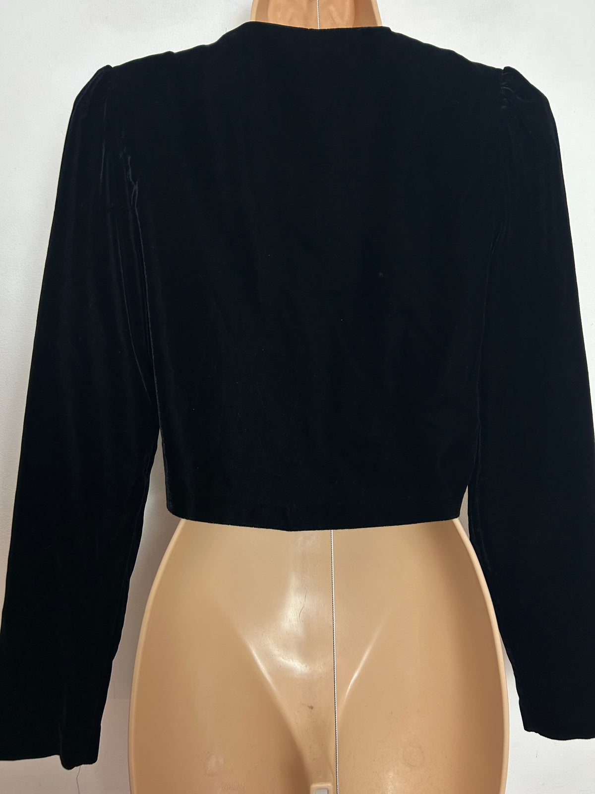 Vintage 1980s UK Size 10 Black Velvet Multicoloured Jewel Detail Long Sleeve Bolero Cover Up