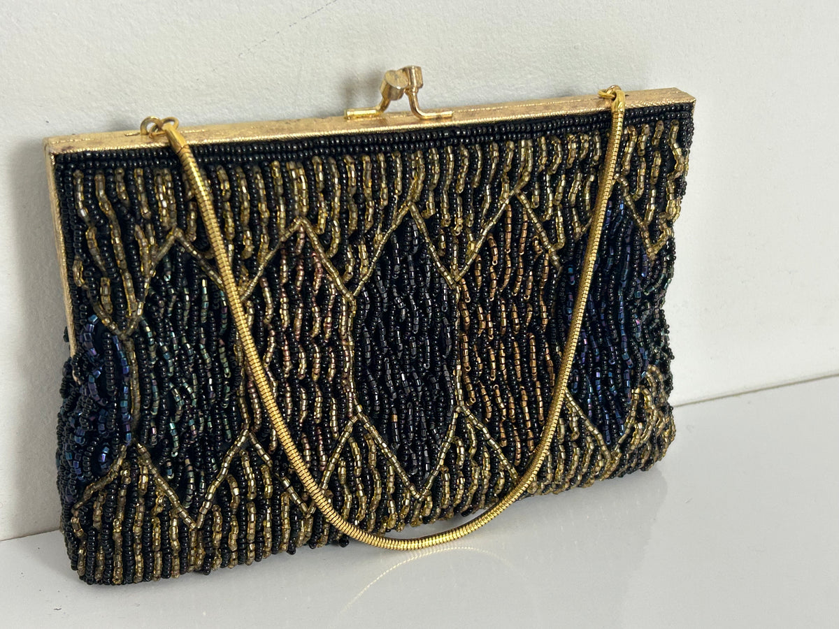 Vintage 1960s Handmade In Hong Kong Small Beaded Evening Bag With Snake Chain Handle