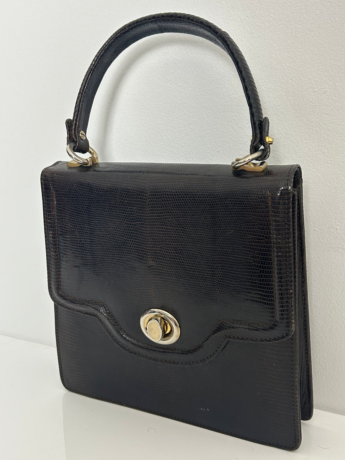 Vintage 1960s Dark Brown Leather Grab Handle Kelly Style Handbag
