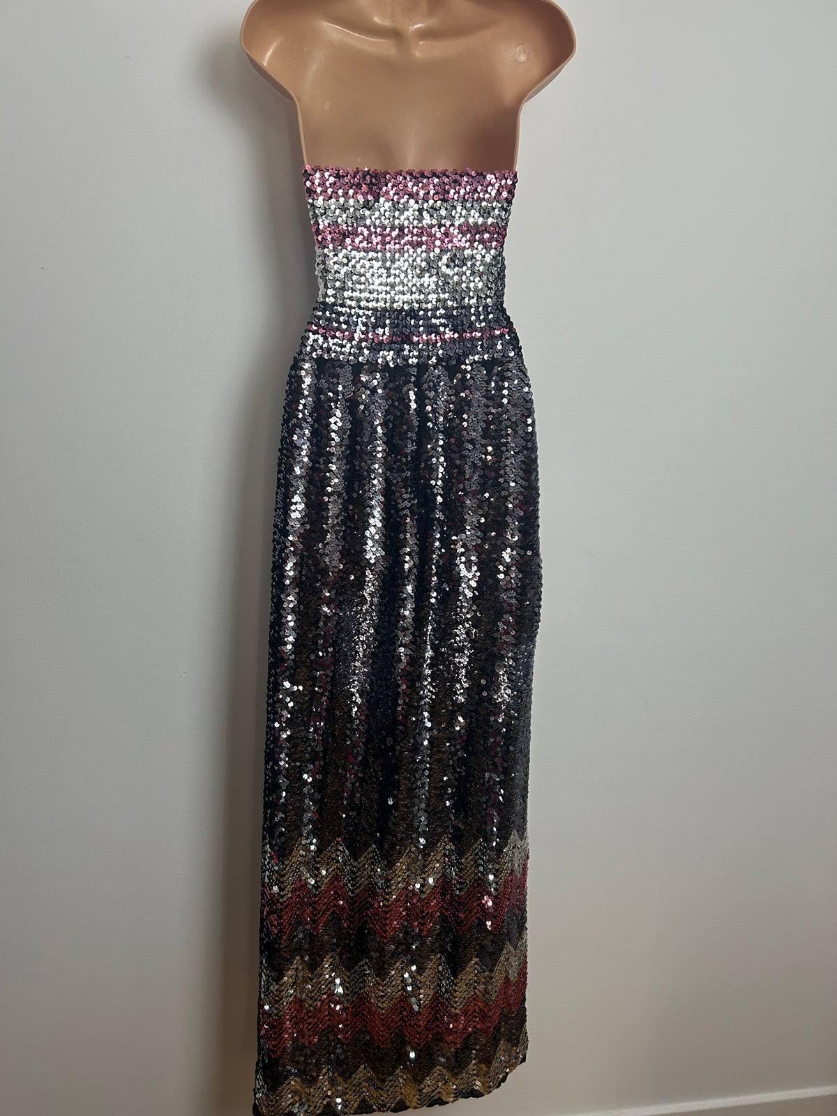 Vintage Late 1970s Up To Size 10 Black Silver Pink & Purple Sequin Strapless Evening Maxi Dress