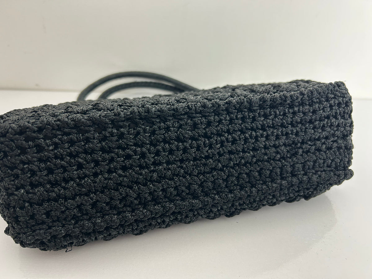Vintage 1960s Gorgeous Black Crochet Woven Style Top Handle Kelly Style Handbag