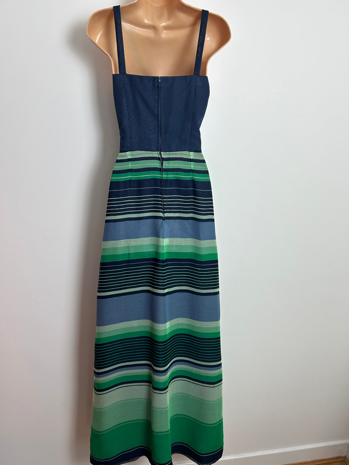 Vintage Late 1960s G. VALENS BRUXELLS Size 8-10 Navy Blue & Green Stripe Maxi Dress