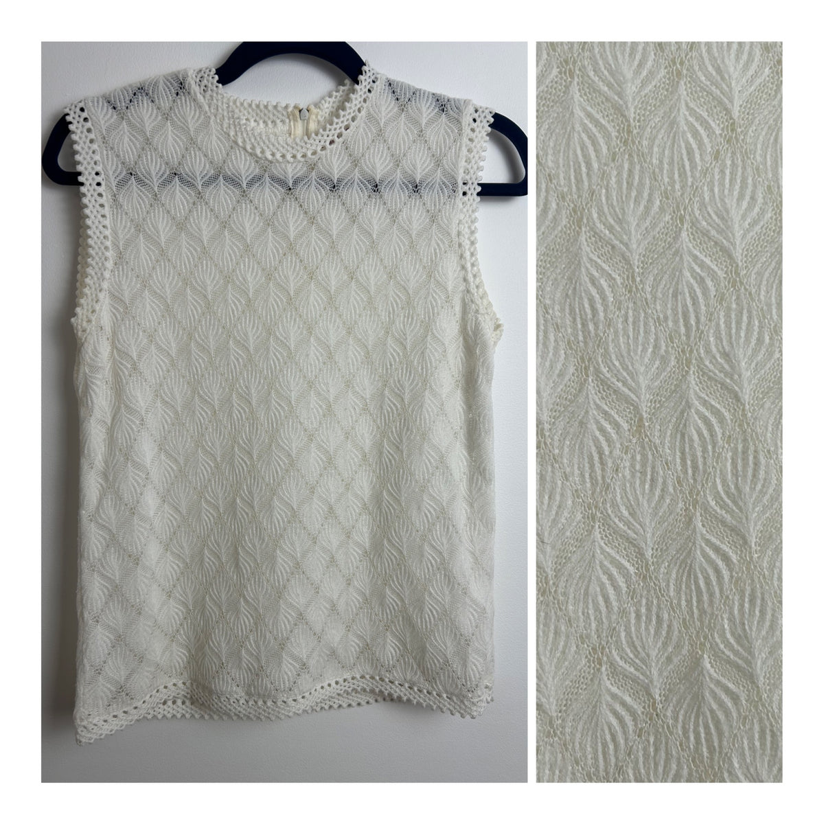 Vintage Early 1970s FAIR LADY Size 10 White Acrylic Lace Sleeveless Top