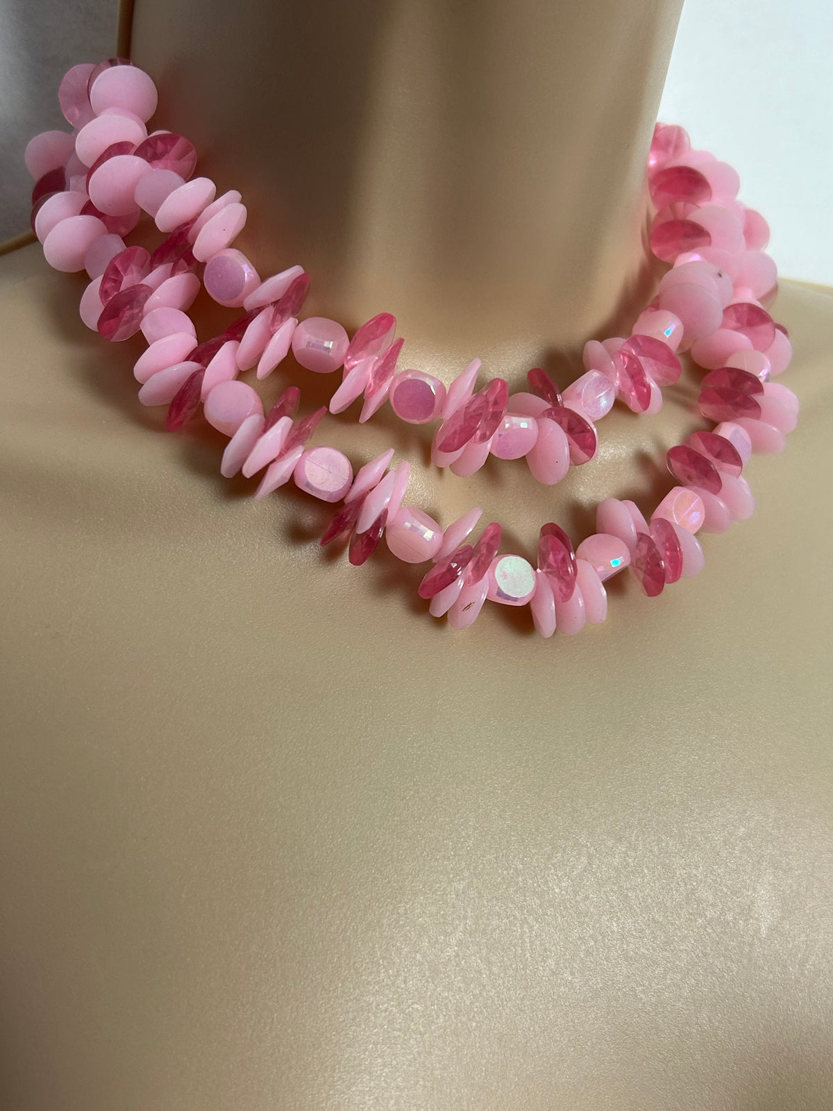 Vintage 1960s Pink Tones Plastic Bead Double Strand Small Choker Necklace (Hong Kong)