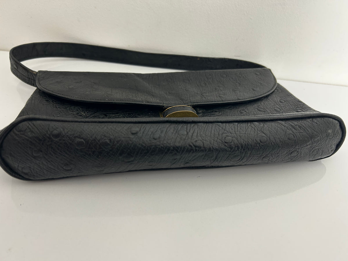 Vintage 1960s Black Ostrich Print Leather Small Handbag