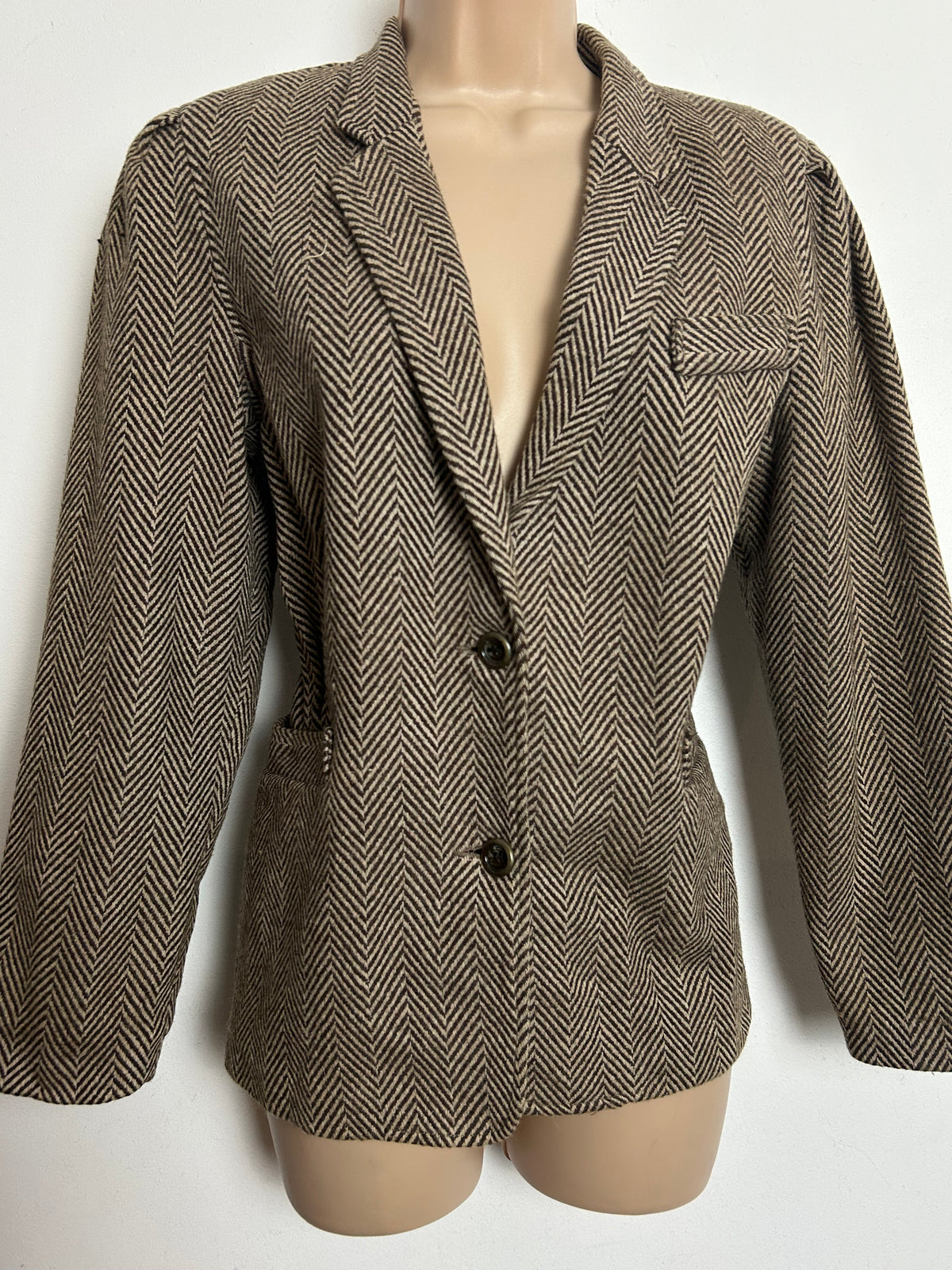 Vintage 1980s BUN'NY Size 10 Brown & Beige Herringbone Wool Blazer
