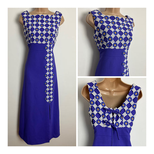 Vintage 1960s EMILIANA Size 8 Violet & White Lattice & Floral Applique Special Occasion Maxi Dress