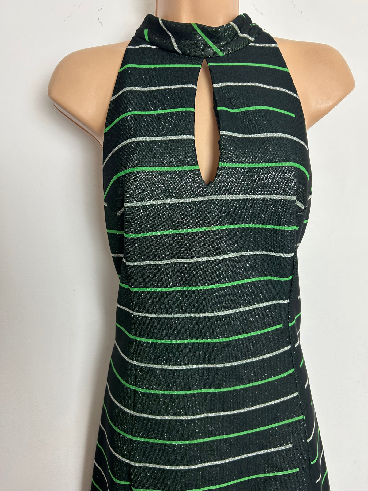 Vintage 1970s LEROSE Size 12 Black Silver & Green Stripe Keyhole Lurex Sleeveless Occasion Maxi Dress