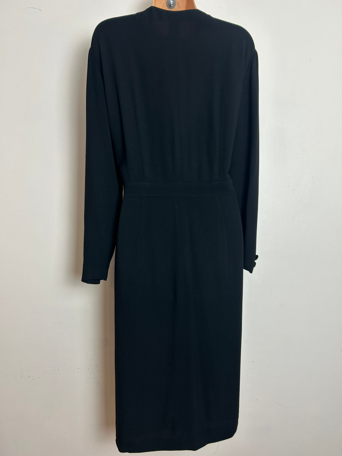 Vintage 1980s VALENTINO MISS V Size 12 Black 1940s STYLE Ribbon Trim Wrap Dress