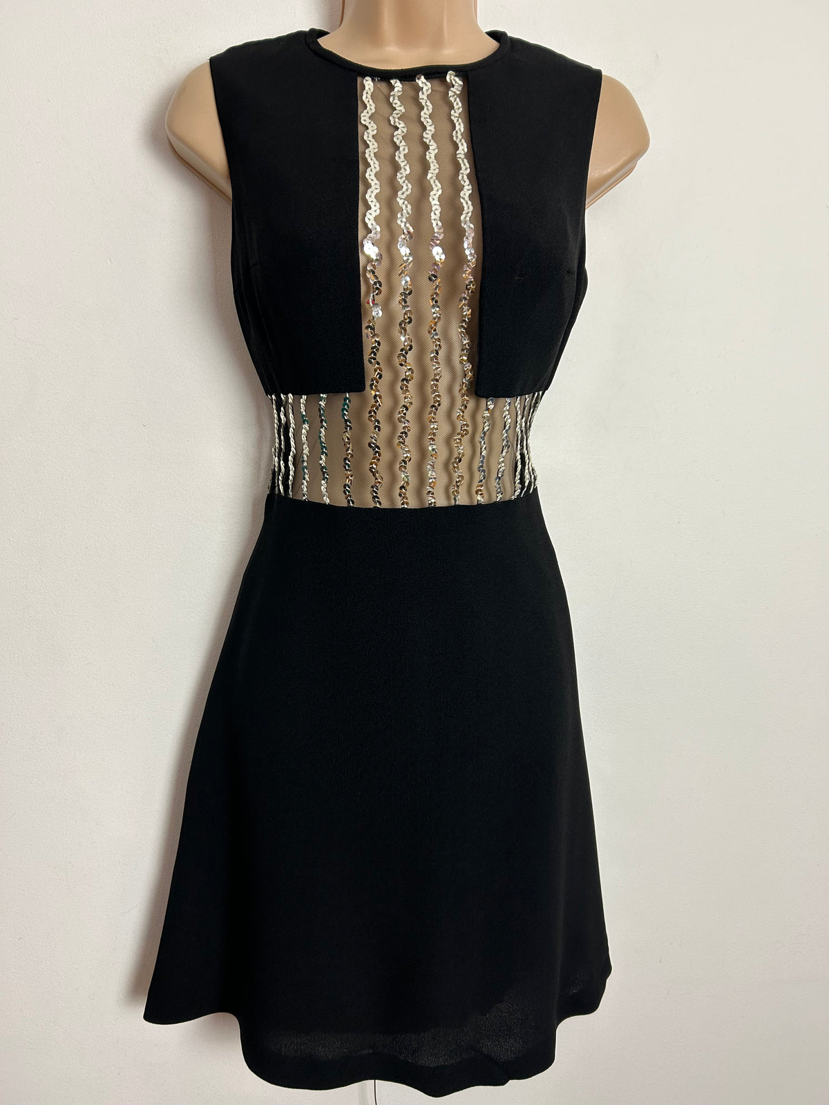 Vintage 1960s JOBI UK Size 8 Black Mesh & Sequin Panelled Mod Party Occasion Shift Dress