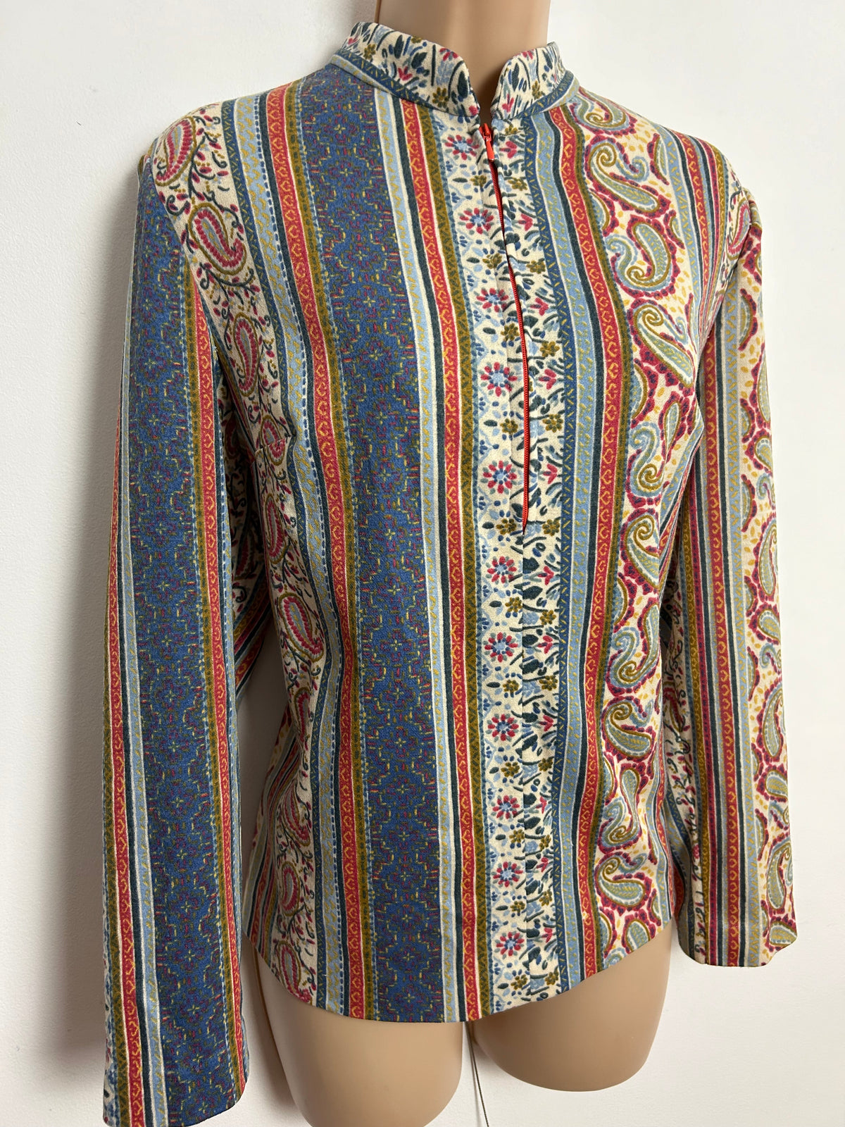 Vintage 1970s UK Size 14-16 Blue Cream & Dark Pink Tones Stripe Floral & Paisley Print Long Sleeve Top