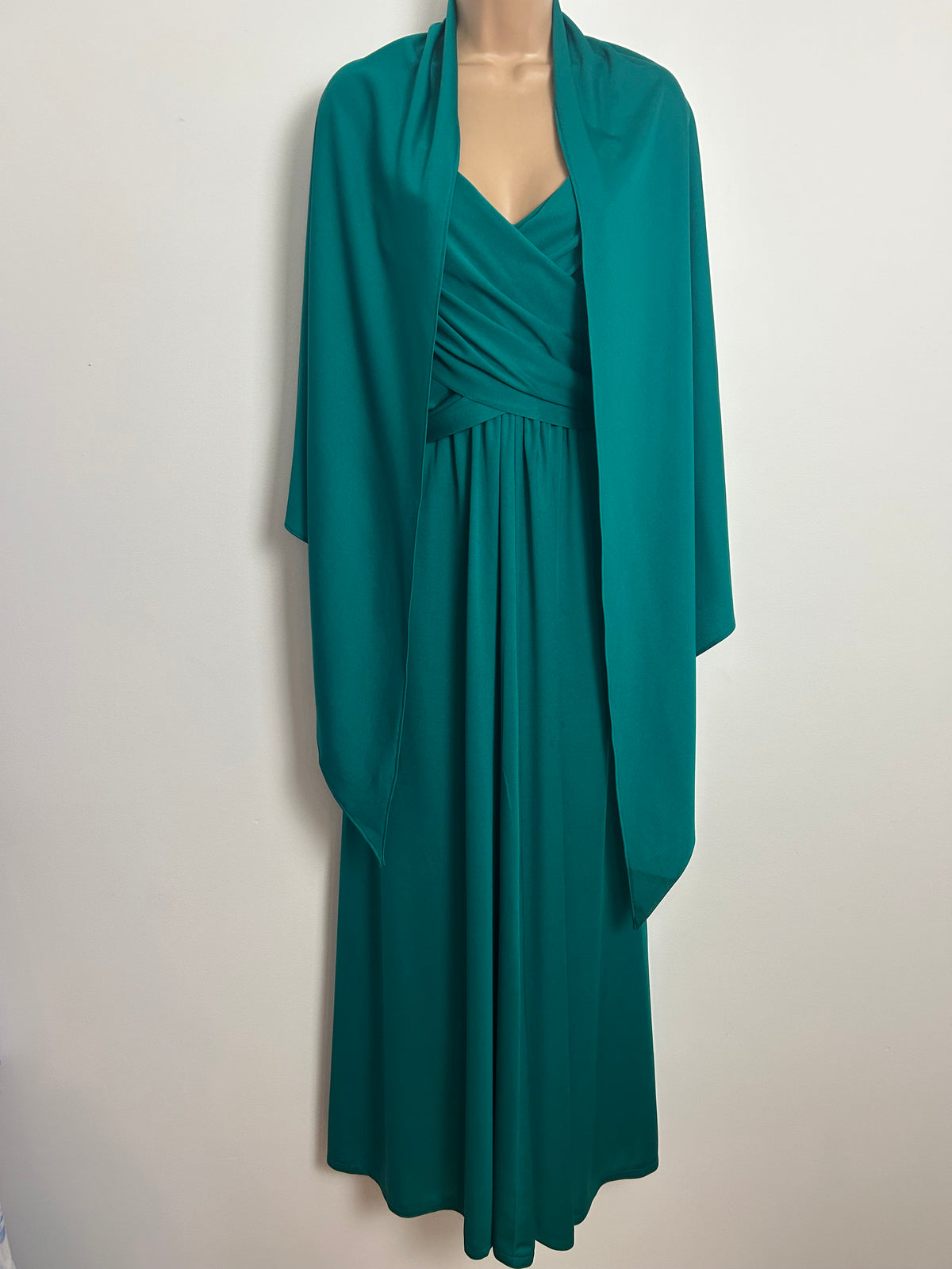 Vintage 1970s BERKERTEX CONTINENTALS Size 8 Dark Teal Ruched Cross Over Bodice Evening Dress & Matching Shawl