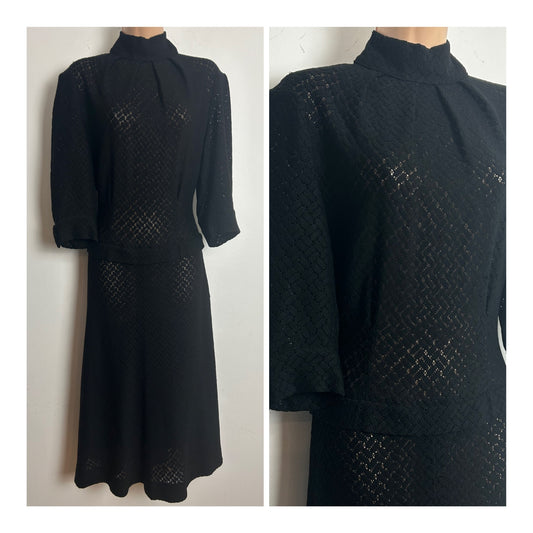 Vintage 1940s Size 12-14 Black Perforated Fabric Mock Two Piece Midi Dress