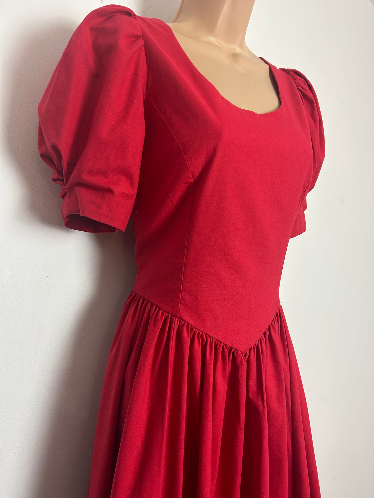 Vintage 1980s LAURA ASHLEY Size 10 (12 On Label) Red Open Bow Back Puff Sleeve Midi Occasion Gown