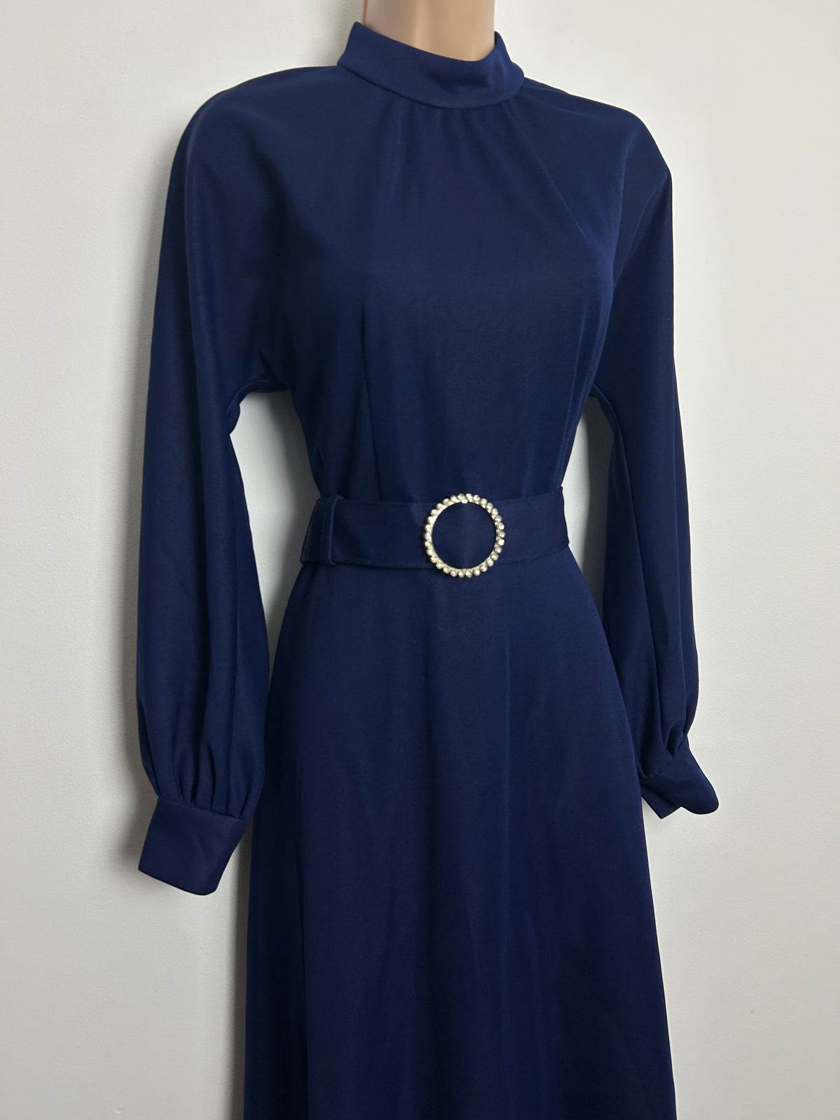 Vintage 1970s Size 8-10 Navy Blue Long Sleeve Belted Maxi Dress