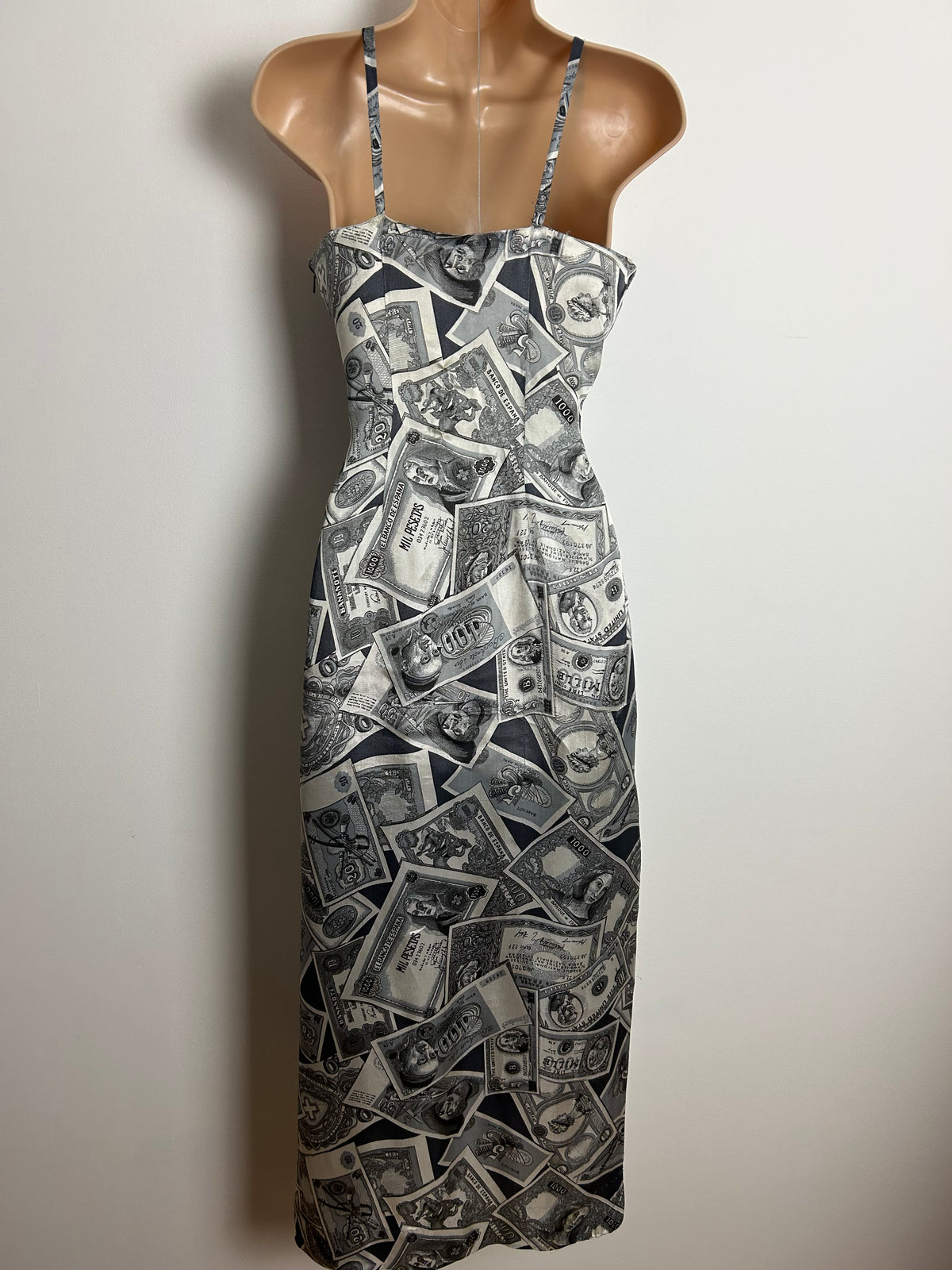 Vintage Late 1950s Early 1960's Size 8 Black Grey & White Bank Notes Novelty Print Strappy Fitted Maxi Dress