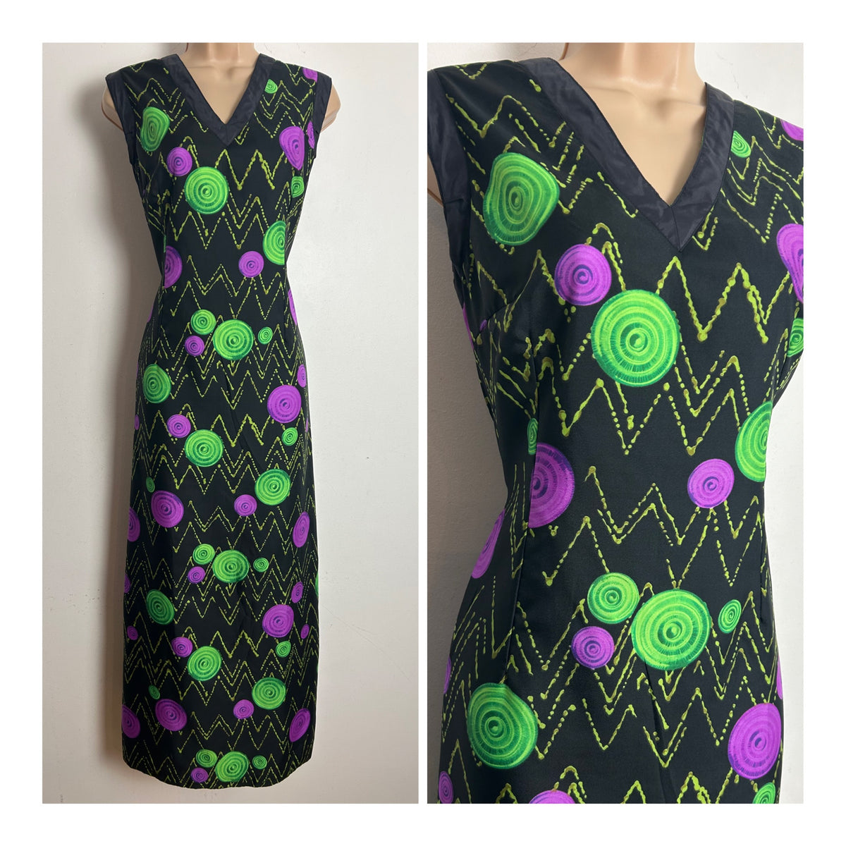 Vintage 1970s Size 14 Black Green & Purple Abstract Circle & Zig Zag Print Sleeveless Maxi Dress