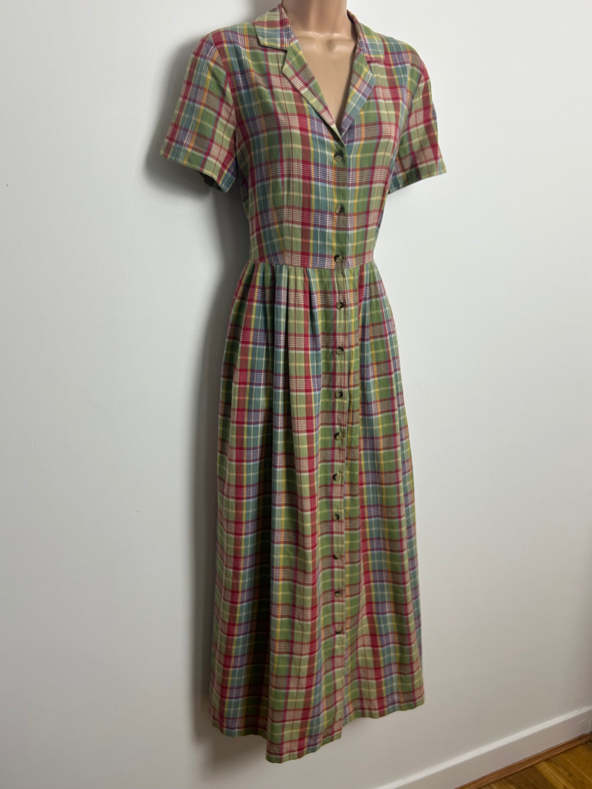 Vintage 1980s LAURA ASHLEY Size 12 Green Red & Blue Check Print Cotton Maxi Dress