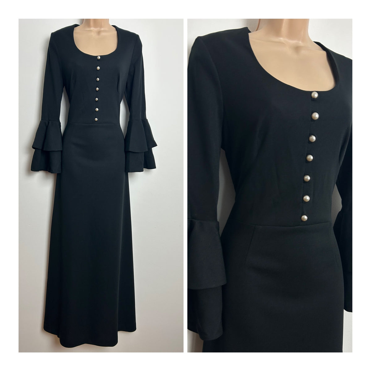 Vintage 1960s CARNEGIE BOUTQUE Size 10 Black Layered Flared Cuff Maxi Dress