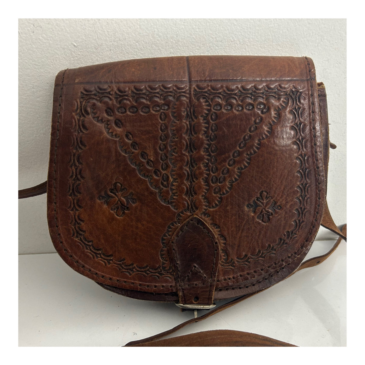 Vintage 1970s Small Brown Leather Tooled Mini Saddle Bag