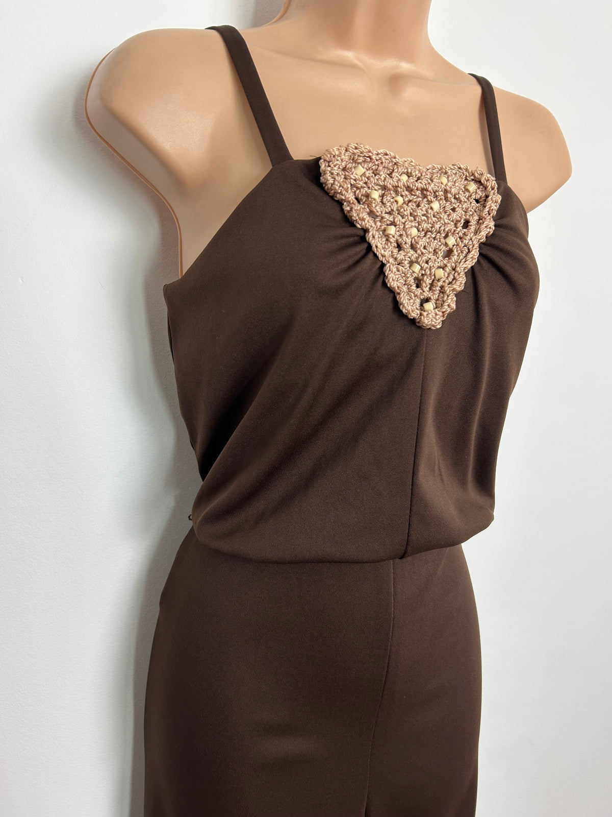 Vintage Late 1970s Size 8 Chocolate Brown Crochet Panel Wide Flared Leg Jumpsuit