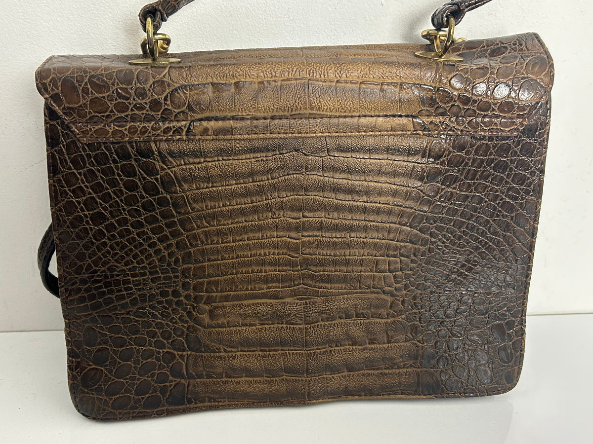 Vintage 1970s Large Brown Real Leather Mock Croc Handbag