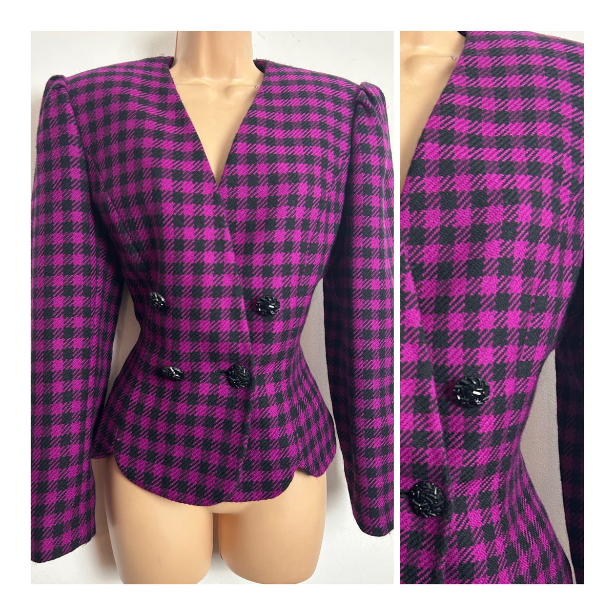 Vintage 1980s ALBERT NIPON Size 10 Dark Pink & Black Check 100% Wool Double Breasted Fitted Jacket
