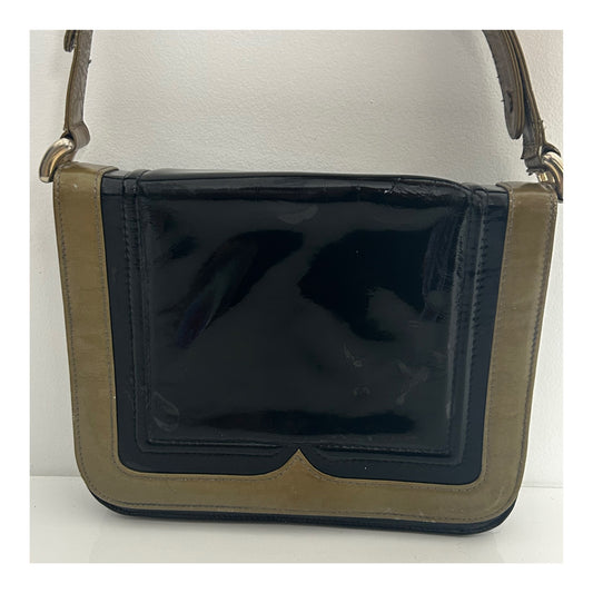 Vintage Late 1960s Early 1970s Black & Olive Green Contrast Patent Mod Handbag