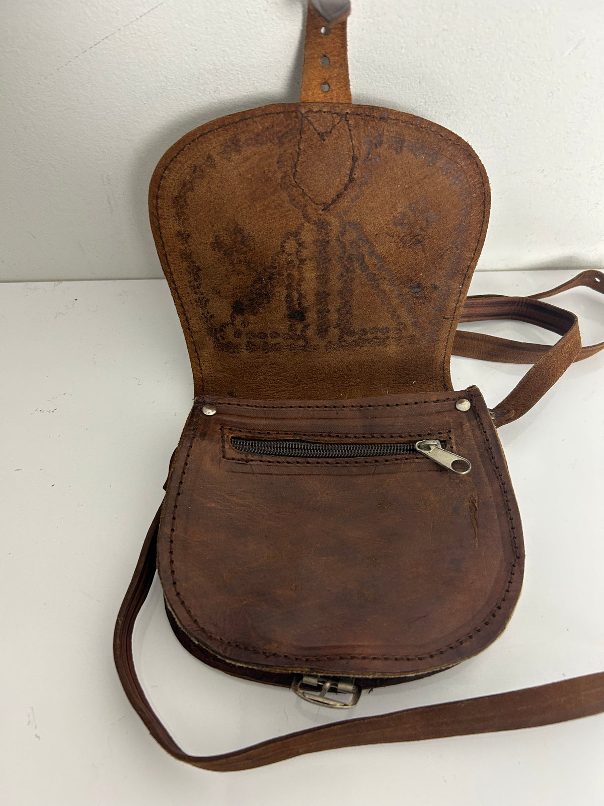 Vintage 1970s Small Brown Leather Tooled Mini Saddle Bag
