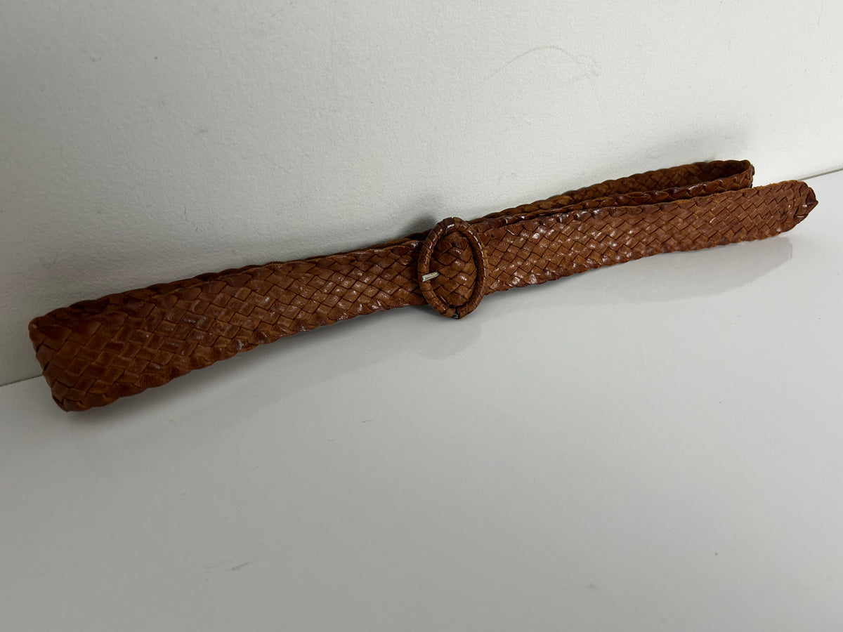 Vintage 1970s Tan Brown Leather Woven Belt Up To 36" Waist