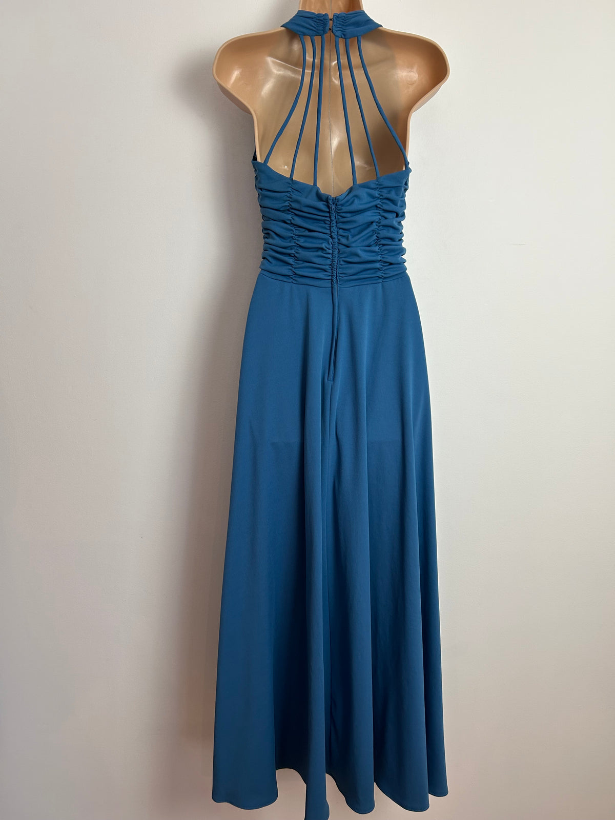 Vintage 1970s Size 6 Dark Dusky Blue Cage Back Ruched Waist Occasion Maxi Dress