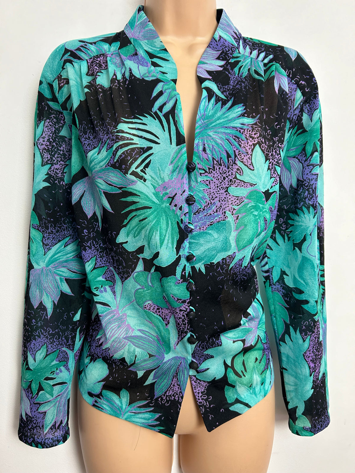 Vintage Early 1980s VON GASSLER UK Size 16 Black & Green Tones Leaf Print Long Sleeve Blouse