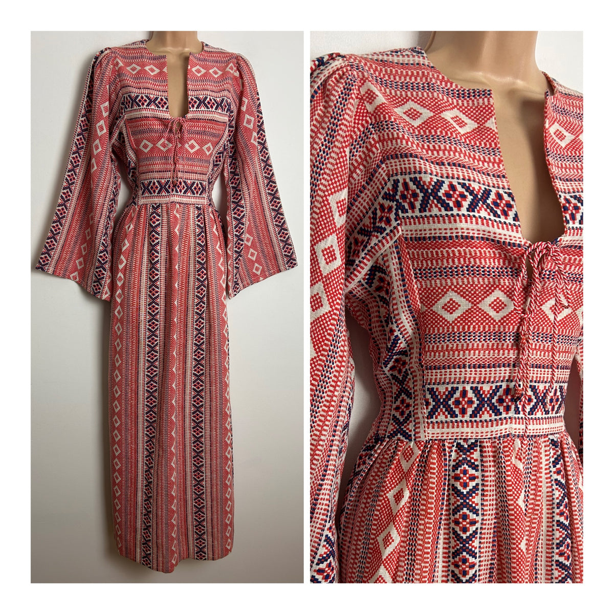Vintage 1970s Size 8 Red White & Blue Abstract Print Cotton Mix Notch Neck Maxi Dress