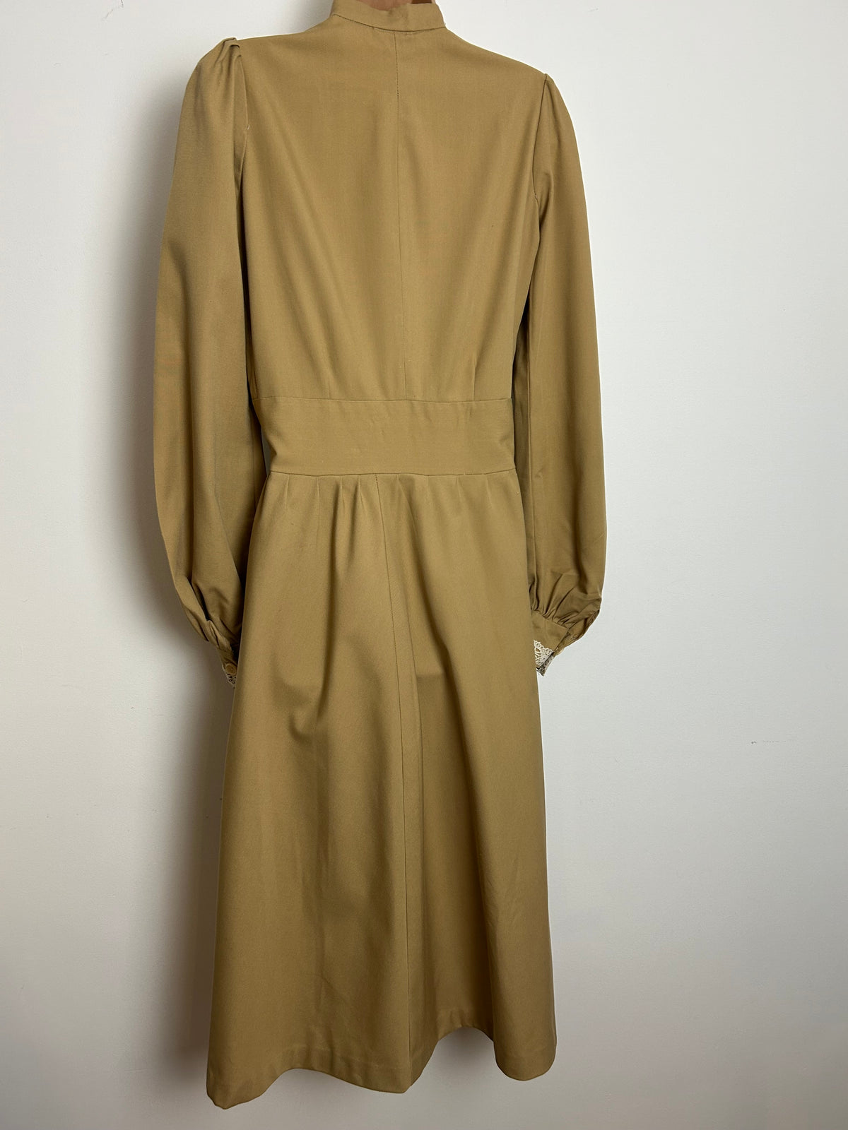 Vintage 1970s QUAD Size 12 Camel Brown Cotton Lace Trim Long Sleeve Prairie Midi Dress
