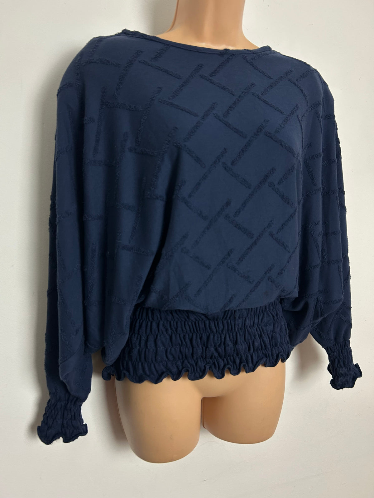 Vintage 1980s Size 16 Navy Blue Textured Cotton Bat Wing Shirred Waist Top