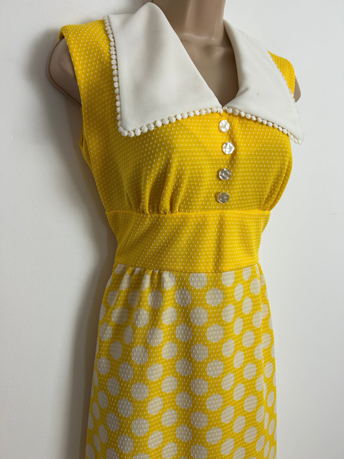 Vintage 197s UK Size 8-10 Canary Yellow & White Polka Dot Spotty Wide Collared Maxi Dress