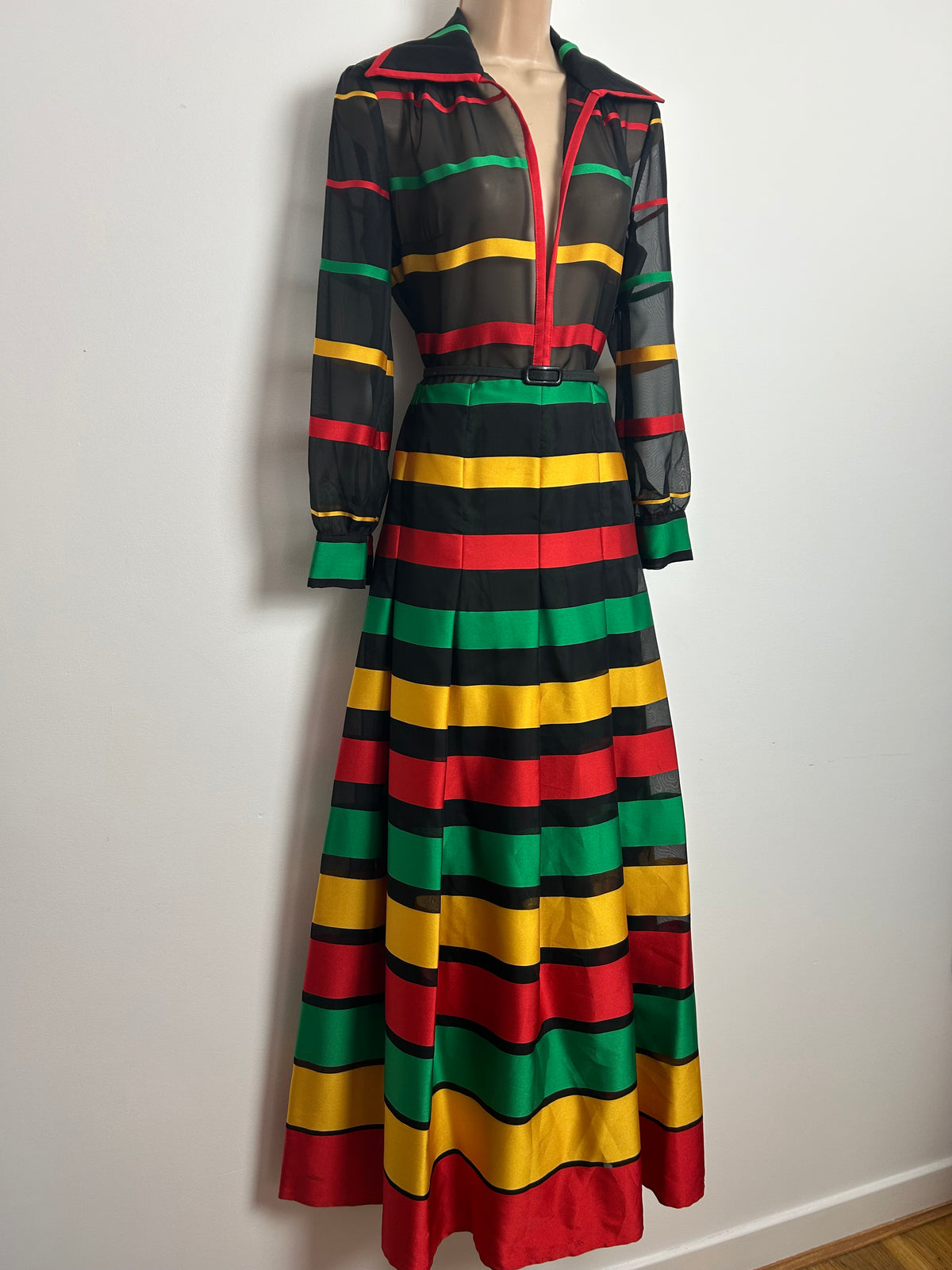 Vintage 1970s CARRE Size 12 Black Red Yellow & Green Stripe Wide Collared Pleated Maxi Dress