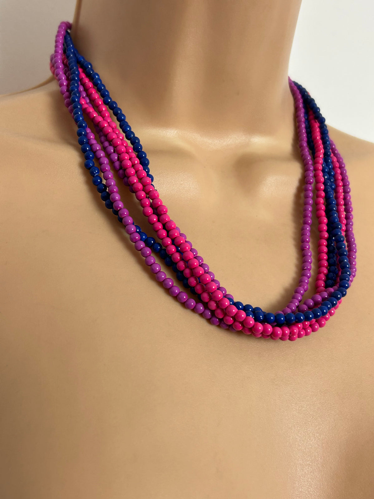 Vintage 1980s Pink & Blue Micro Bead Multi Strand Necklace