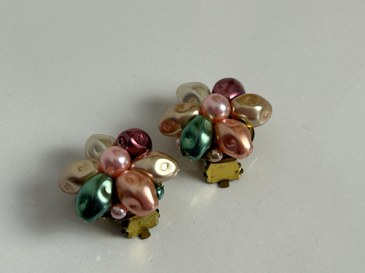 Vintage 1960s Cute Little Pastel Colour Beaded Flower Clip On Earrings