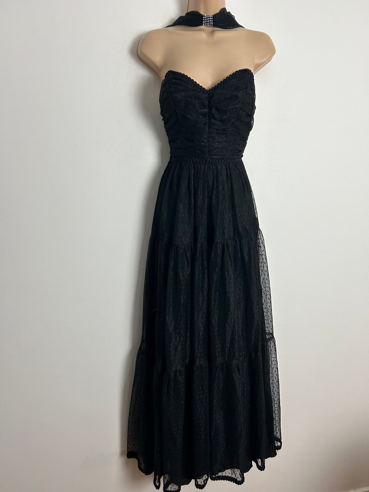 Vintage 1980s AFTER SIX BY RONALD JOYCE UK Size 6-8 Black Polka Dot Net Halter Neck Party Prom Special Occasion Ballgown