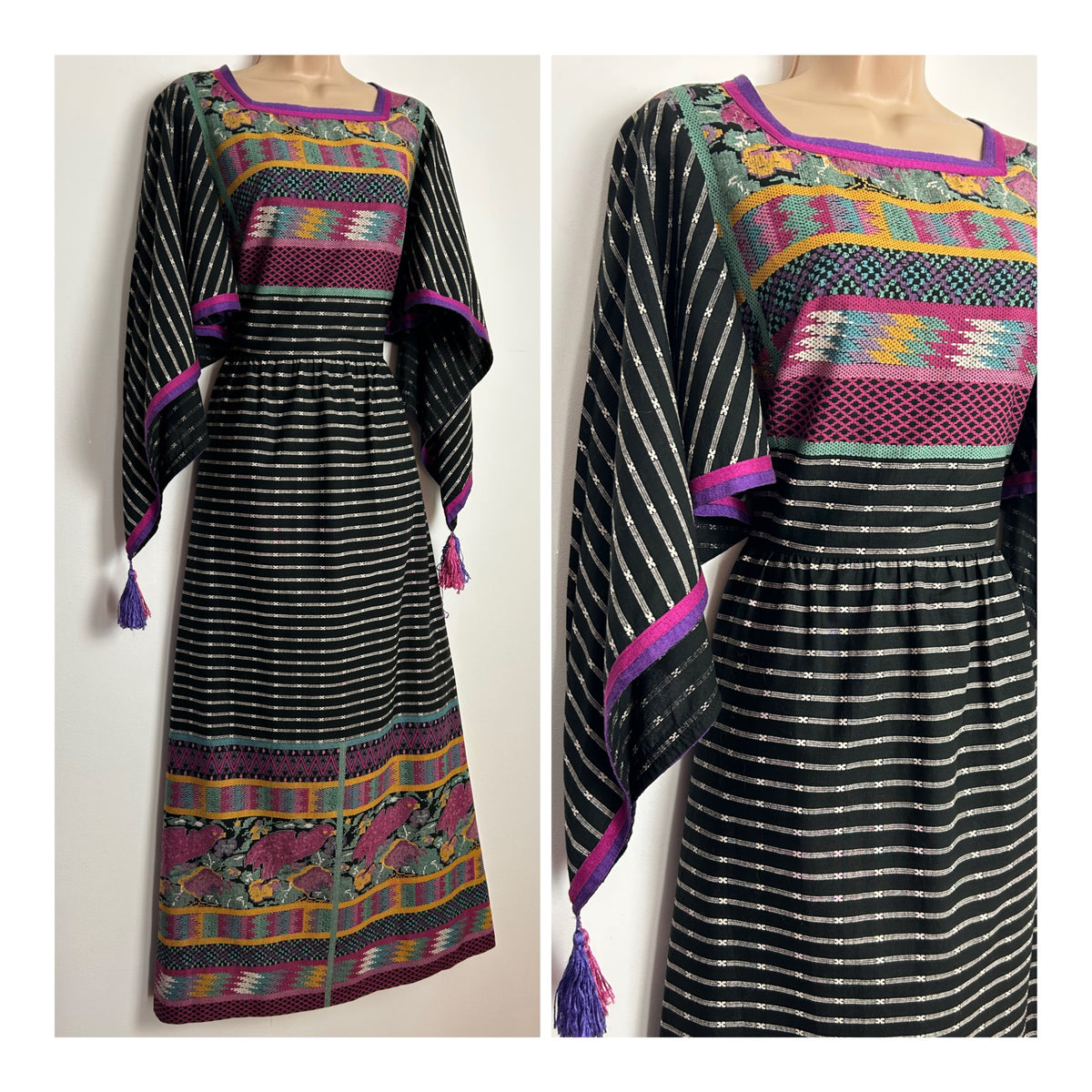 Vintage 1970s LUCIE LINDEN Size 8 Black White Green & Dark Yellow Cotton Pointed Tassel Sleeve Boho Maxi Dress