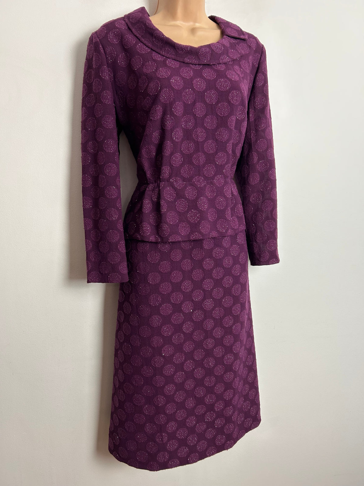 Vintage 1960s UK Size 12 Plum Purple Wool Mix Shimmer Circle Pattern Peplum Party Dress