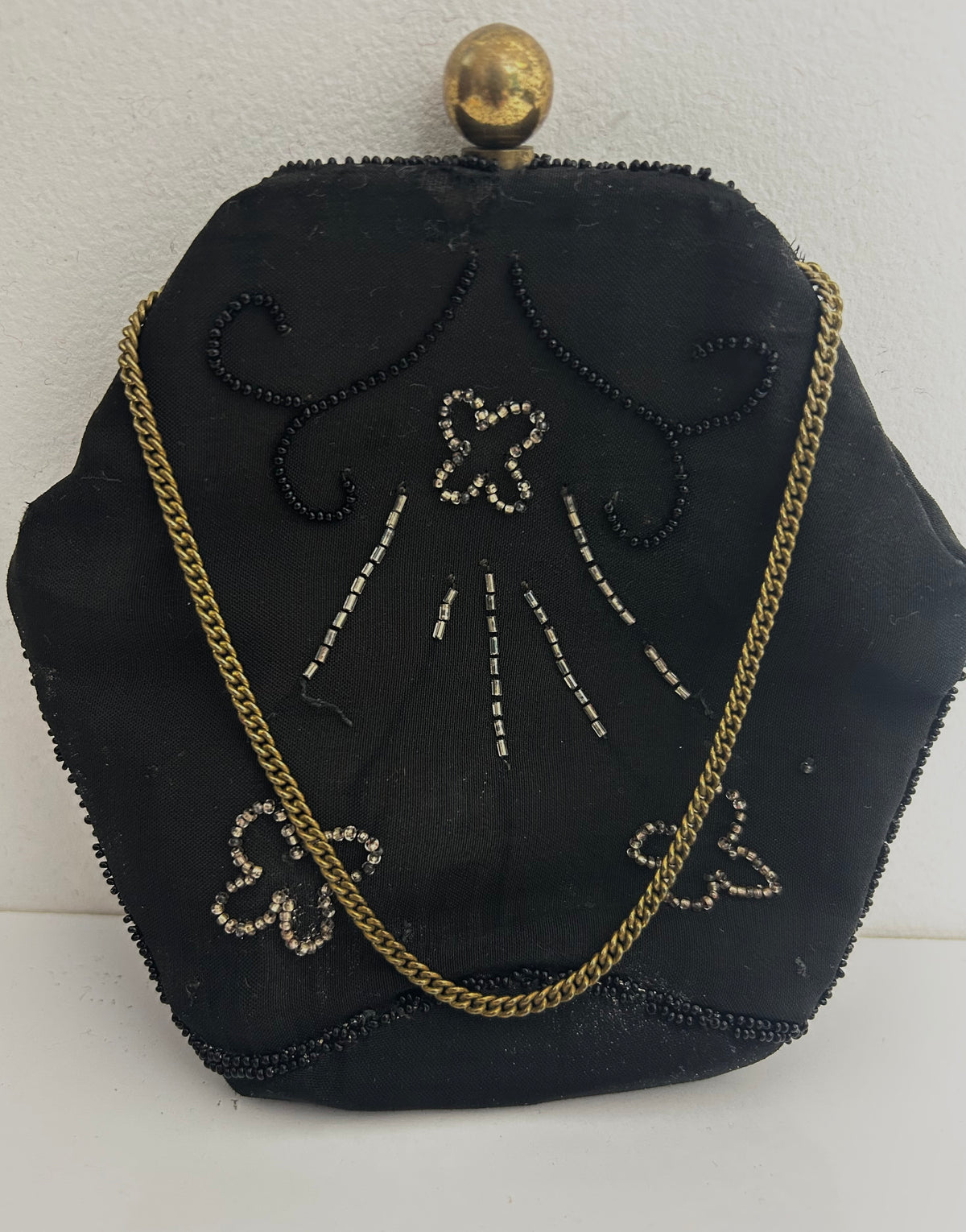 Antique Victorian Small Black Hexagonal Silk Beaded Purse/Handbag
